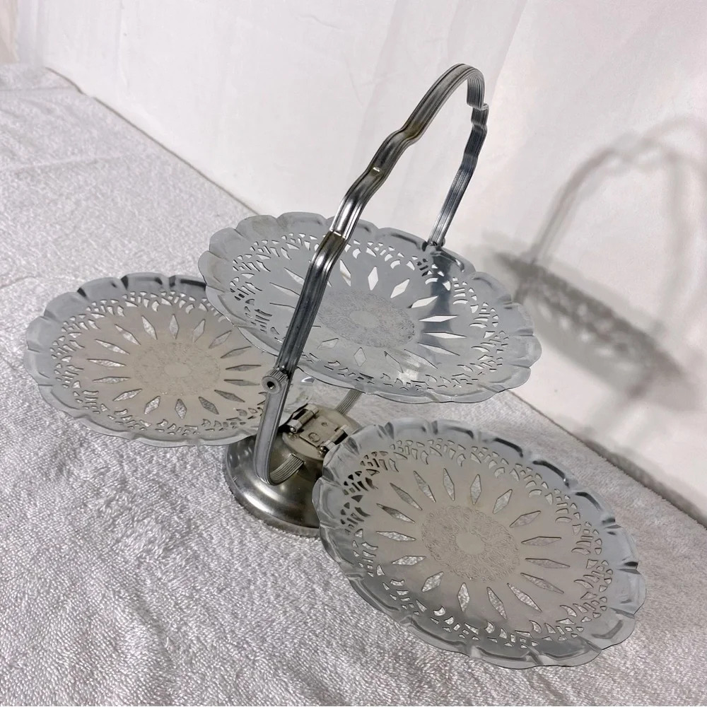 Vintage Silver Tone Three Tier Folding Dessert Sandwich  ServingTray Cottagecore